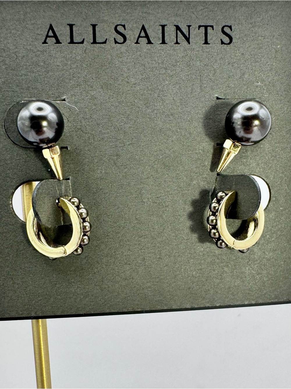 AllSaints 2-Pair Gray Pearl Spike Gold Tone Huggie Earrings Set